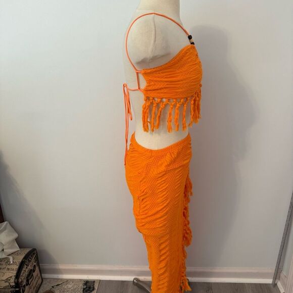 Shein Orange Crinkled Crochet Fringe Two-Piece Skirt Set Size Small - Picture 7 of 10